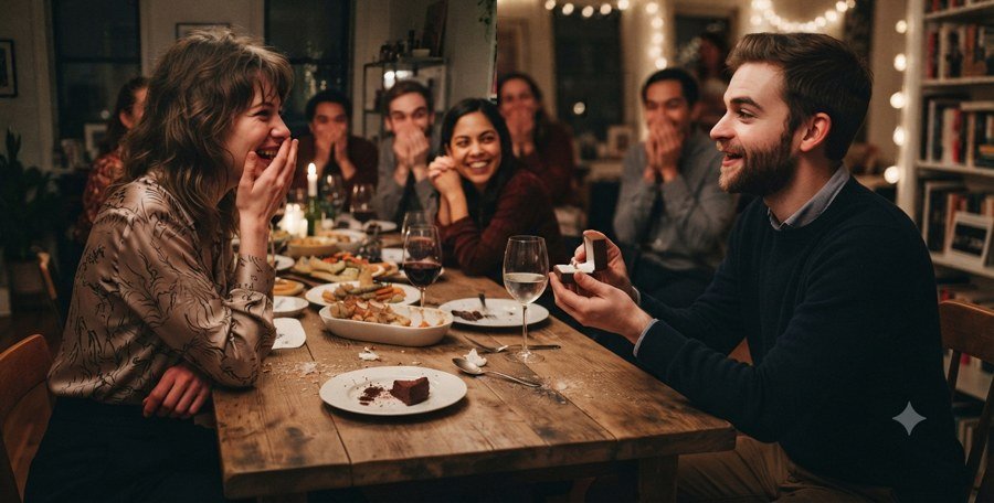 Elliot proposing to Wren at the same table where they met, spring 2025
