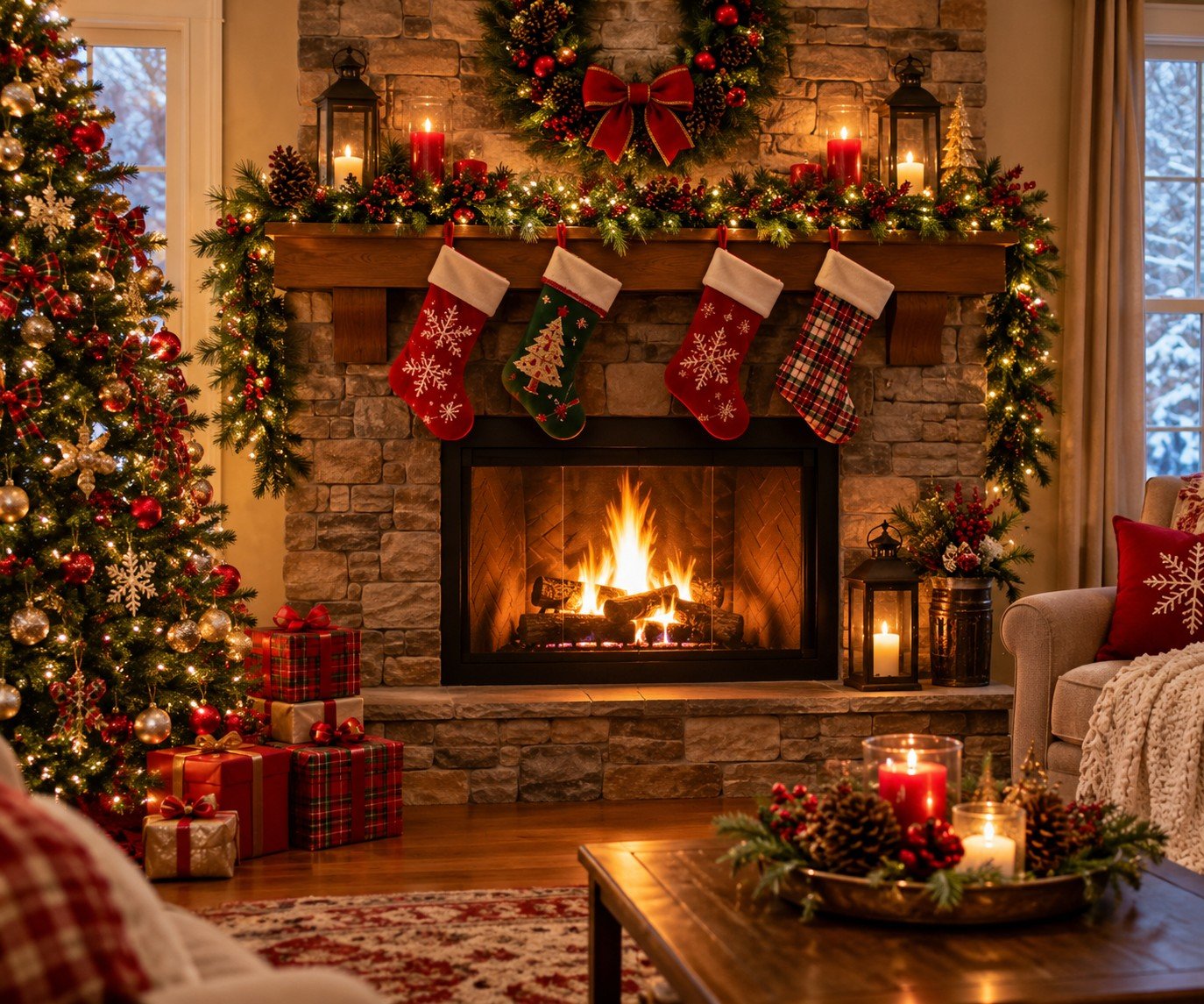 A cozy fireplace with four Christmas stockings, a decorated mantel, a wreath and a Christmas tree