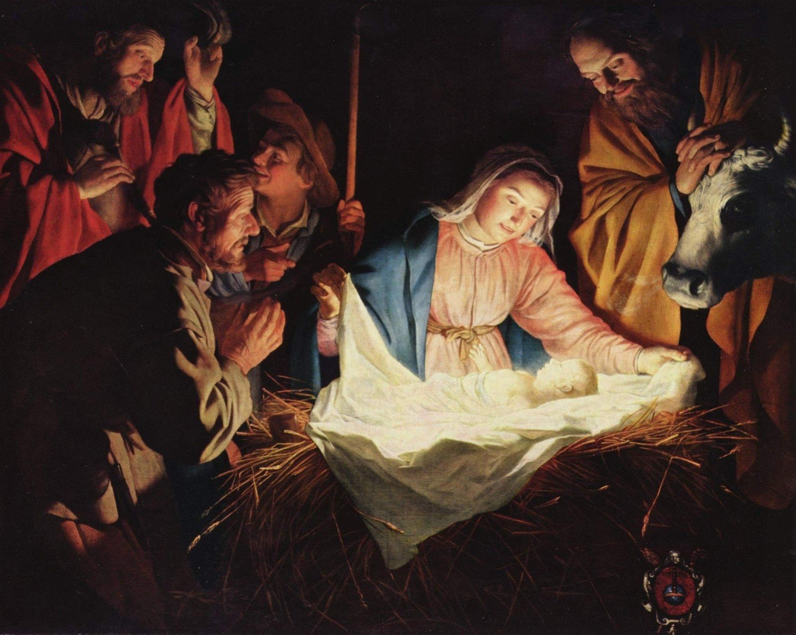 The Nativity: Mary with the newborn Jesus, glowing in candlelight, as shepherds gather. Painting by Gerard van Honthorst, 1622.
