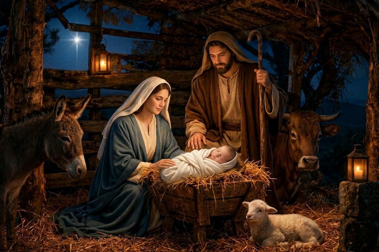 The Nativity: Mary with the newborn Jesus, glowing in candlelight, as shepherds gather. Painting by Gerard van Honthorst, 1622.